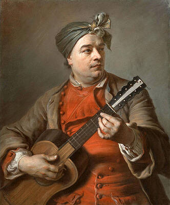 Portrait of Jacques Dumont le Romain playing the Guitar Print by Maurice-Quentin de la Tour