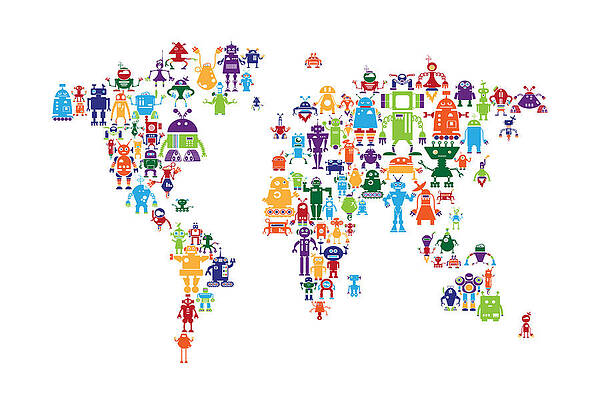 Wall Art - Digital Art - Robot Map of the World Map #1 by Michael Tompsett