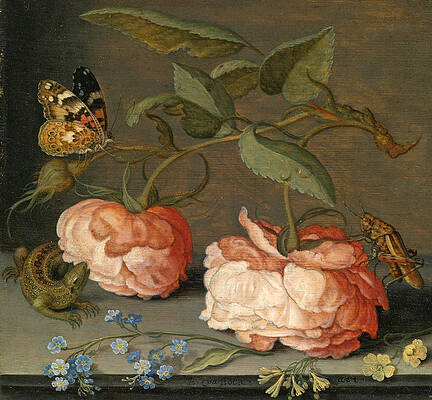 Roses with a butterfly and a grasshopper Print by Balthasar van der Ast