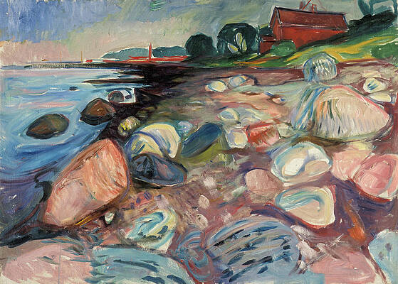 Shore with Red House Print by Edvard Munch