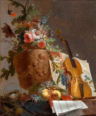 Still life with flowers and a violin Print by Jean-Jacques Bachelier