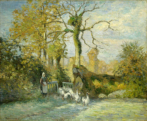 The Goose Girl At Montfoucault. White Frost Print by Camille Pissarro