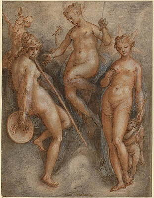 Three Goddesses, Minerva, Juno and Venus Print by Jan van der Straet