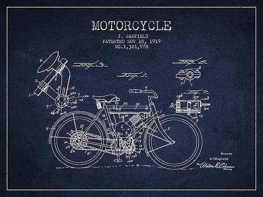 Wall Art - Digital Art - 1919 Motorcycle Patent - Navy Blue by Aged Pixel