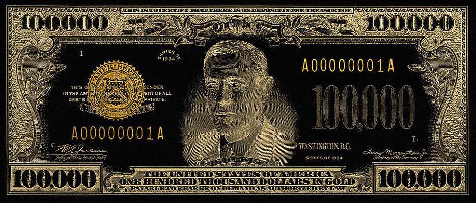 U S One Hundred Thousand Dollar Bill 1934 100000 Usd Treasury Note In Gold On Black Digital Art By Serge Averbukh
