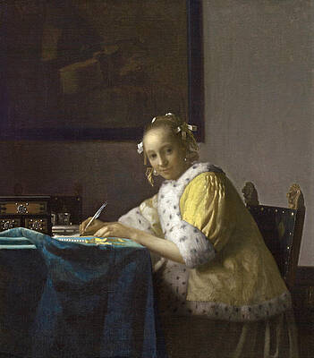 A Lady Writing Print by Johannes Vermeer
