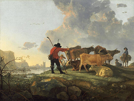 Herdsmen Tending Cattle Print by Aelbert Cuyp