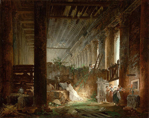 A Hermit Praying in the Ruins of a Roman Temple Print by Hubert Robert
