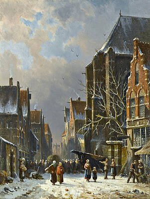 A Busy Street in Winter Print by Adrianus Eversen