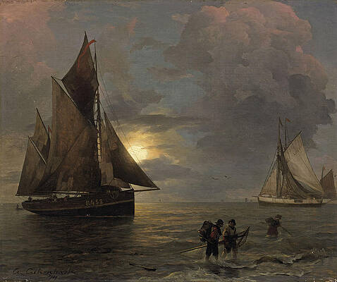 A Coastal Landscape with Sailing Ships by Moonlight Print by Andreas Achenbach