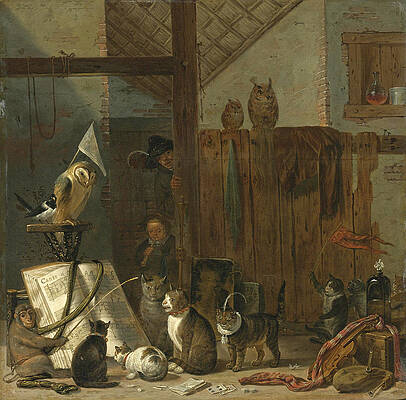A Concert of Cats Owls a Magpie and a Monkey in a Barn Print by Cornelis Saftleven