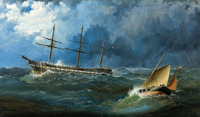 A French sailing packet riding out a storm off Penzance Print by Haughton Forrest