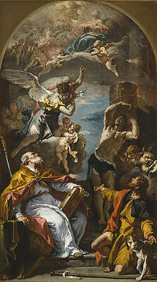 A Glory of the Virgin with the Archangel Gabriel and Saints Eusebius, Roch, and Sebastian Print by Sebastiano Ricci