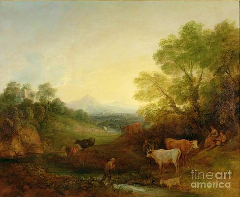 Wall Art - Painting - A Landscape with Cattle and Figures by a Stream and a Distant Bridge by Thomas Gainsborough