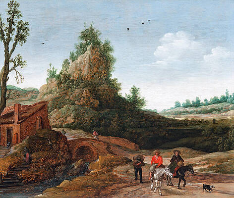A landscape with travellers crossing a bridge before a small dwelling horsemen in the foreground Print by Esaias van de Velde