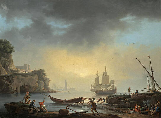 A Mediterranean Coastal Scene With Fishermen Bringing In Their Boats And A Man Of War At Anchor Beyo Print by Claude-Joseph Vernet