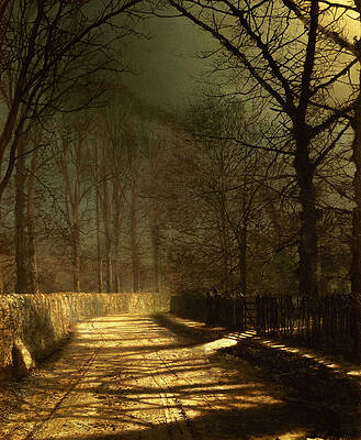 A Moonlit Lane with two lovers by a gate Print by John Atkinson Grimshaw