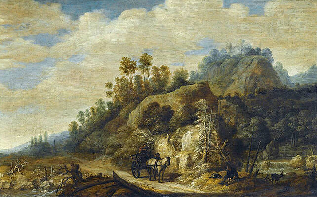 A mountainous landscape with figures walking along a path with a horse and cart Print by Joachim Govertsz Camphuysen