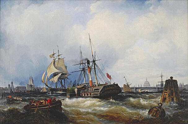 A Paddle Steamer Clearing Her Mooring on the Thames Print by Edwin Hayes
