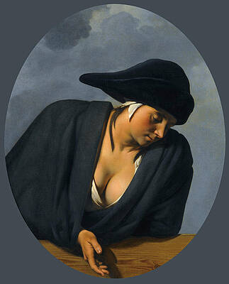 A peasant woman wearing a black hat leaning on a wooden ledge Print by Caesar van Everdingen