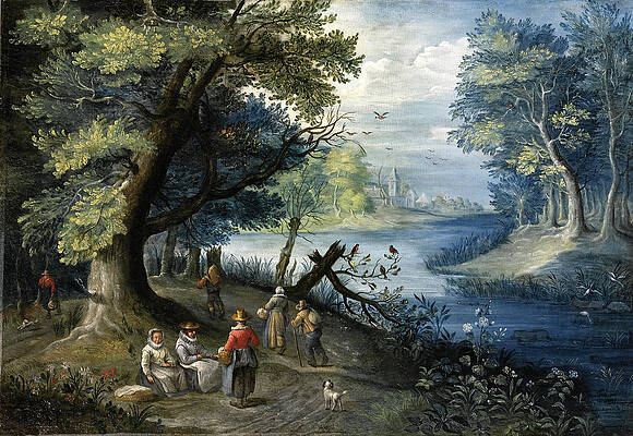A river landscape with figures Print by Attributed to Balthasar Beschey
