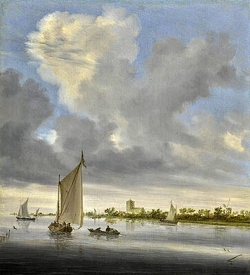 A river scene with boats in the foreground and a windmill and a church in the background Print by Salomon van Ruysdael