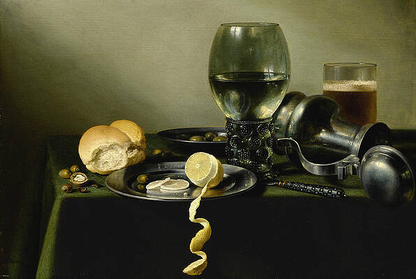 A Roemer An Overturned Pewter Jug,olives Half Peeled Lemon On Pewter Plates Print by Pieter Claesz