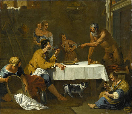 A scene from Aesop's fable. The Satyr and the Peasant Print by Attributed to Sebastiano Ricci