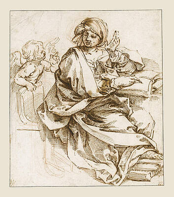 A Sibyl writing a Putto to the left Print by Guido Reni