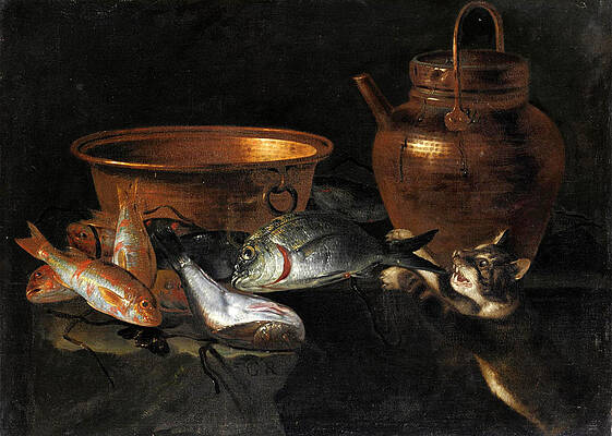 A Still Life of Fish with Copper Pans and a Cat Print by Giuseppe Recco