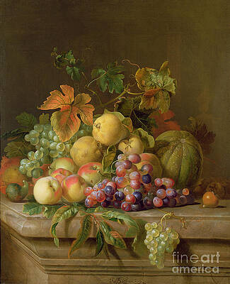 Wall Art - Painting - A Still Life of Melons Grapes and Peaches on a Ledge by Jakob Bogdani