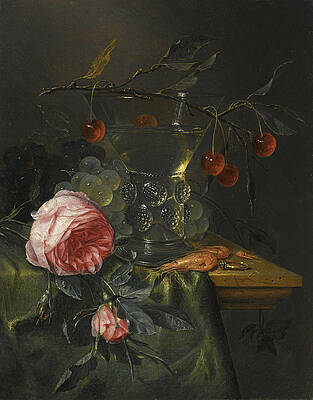 A Still Life With a Cherry Branch Over a Half-full Conical Roemer, Red And Green Grapes Print by Pieter de Ring