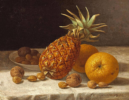 A Still life with Pineapple Oranges and Nuts Print by John F Francis