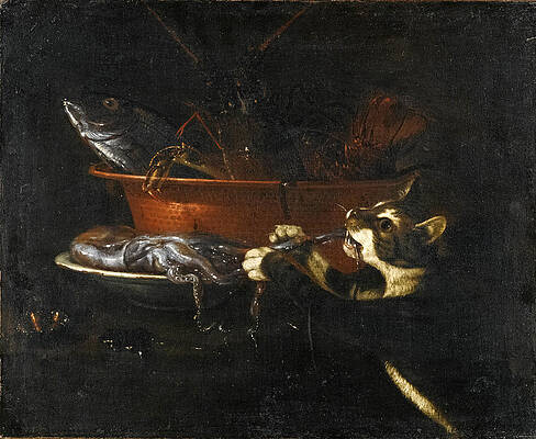A Still Life with Seafood in a Copper Pan a Cat pinching a Squid from a Plate Print by Giuseppe Recco