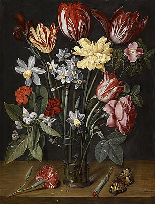 A Still Life With Tulips, Daffodils, Carnations And Other Flowers In a Vase Print by Jacob van Hulsdonck