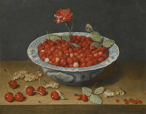 A Still Life With Wild Strawberries And a Carnation Print by Jacob van Hulsdonck