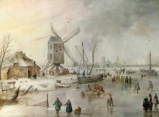 A Winter Scene with a Windmill and Figures on a Frozen River Print by Hendrick Avercamp