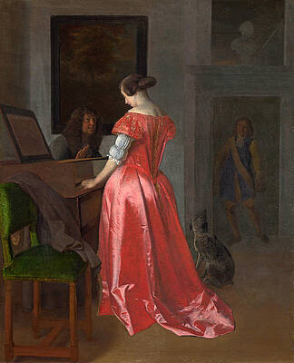 A Woman standing at a Harpsichord a Man seated by her Print by Jacob Ochtervelt
