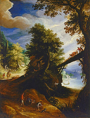 A Wooded Landscape with a Bridge and Sportsmen at the Edge of the River Print by Paul Bril