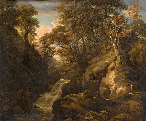 A Wooded Landscape with a Waterfall and a Fisherman walking along a Path Print by William Ashford