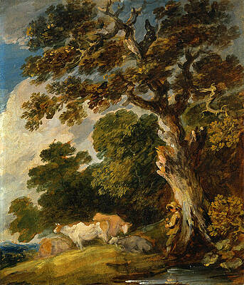 A Wooded Landscape with Cattle and Herdsman Print by Gainsborough Dupont