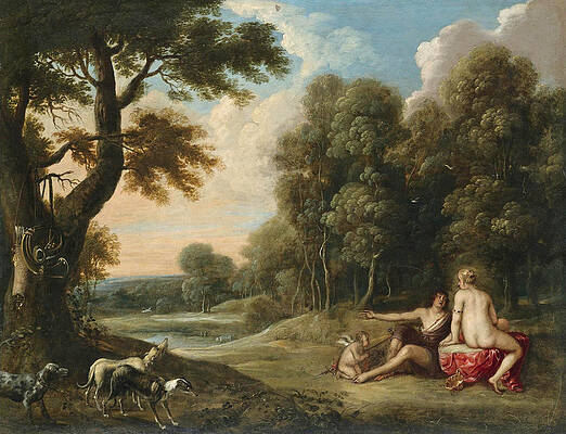 A Wooded Landscape with Venus Adonis and Cupid Print by Frans Wouters