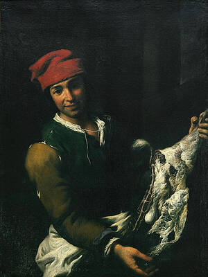 A Young Butcher standing in an interior holding a Goat's Leg Print by Antonio Mercurio Amorosi