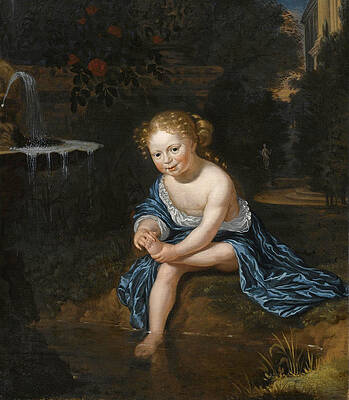 A young girl with a blue an white satin dress washing her feet in a pond in a formal garden setting Print by Michiel van Musscher