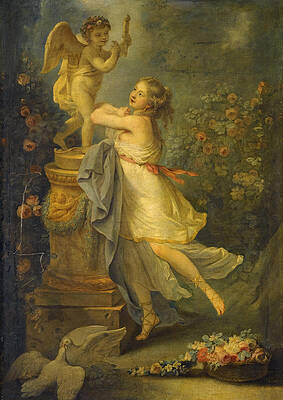 A young lady before a statue of Cupid Print by Attributed to Antoine-Francois Callet