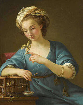 A young Woman dressed a la Grecque holding a Canary on her outstretched Finger Print by Joseph-Marie Vien