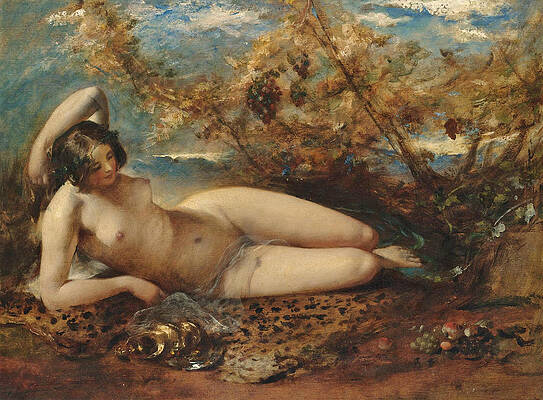 A young woman reclining on a fur rug Print by William Etty