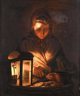 A Young Woman shucking Oysters by Lamplight Print by Henry Robert Morland