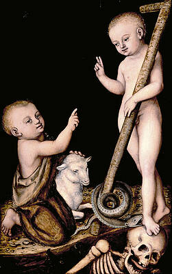 Adoration of The Child Jesus by St John the Baptist Print by Lucas Cranach the Elder
