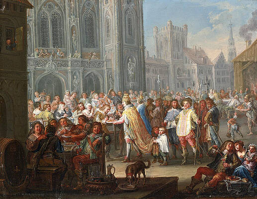 An Emperor distributing Cakes in a Town Square Print by Attributed to Johann Georg Platzer